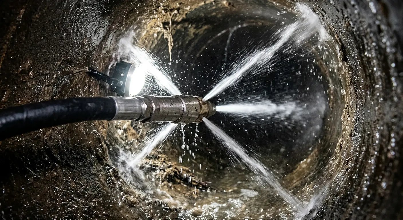 High-pressure hydro jetting nozzle cleaning sewer pipe for Trenchless Sewer Repair in Cypress Gardens