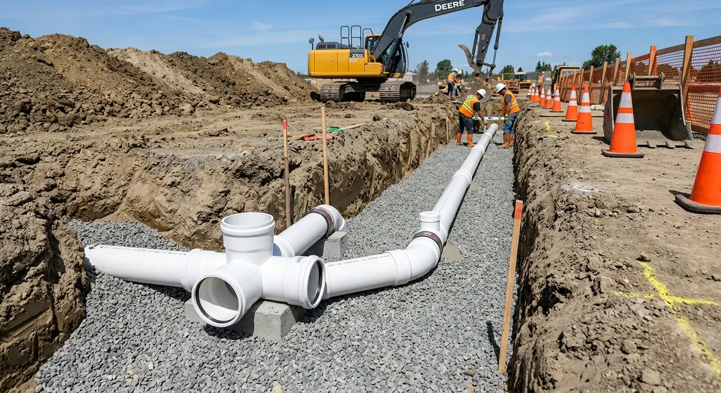 New PVC sewer pipe installation in open trench for Sewer Backup in Cypress Gardens