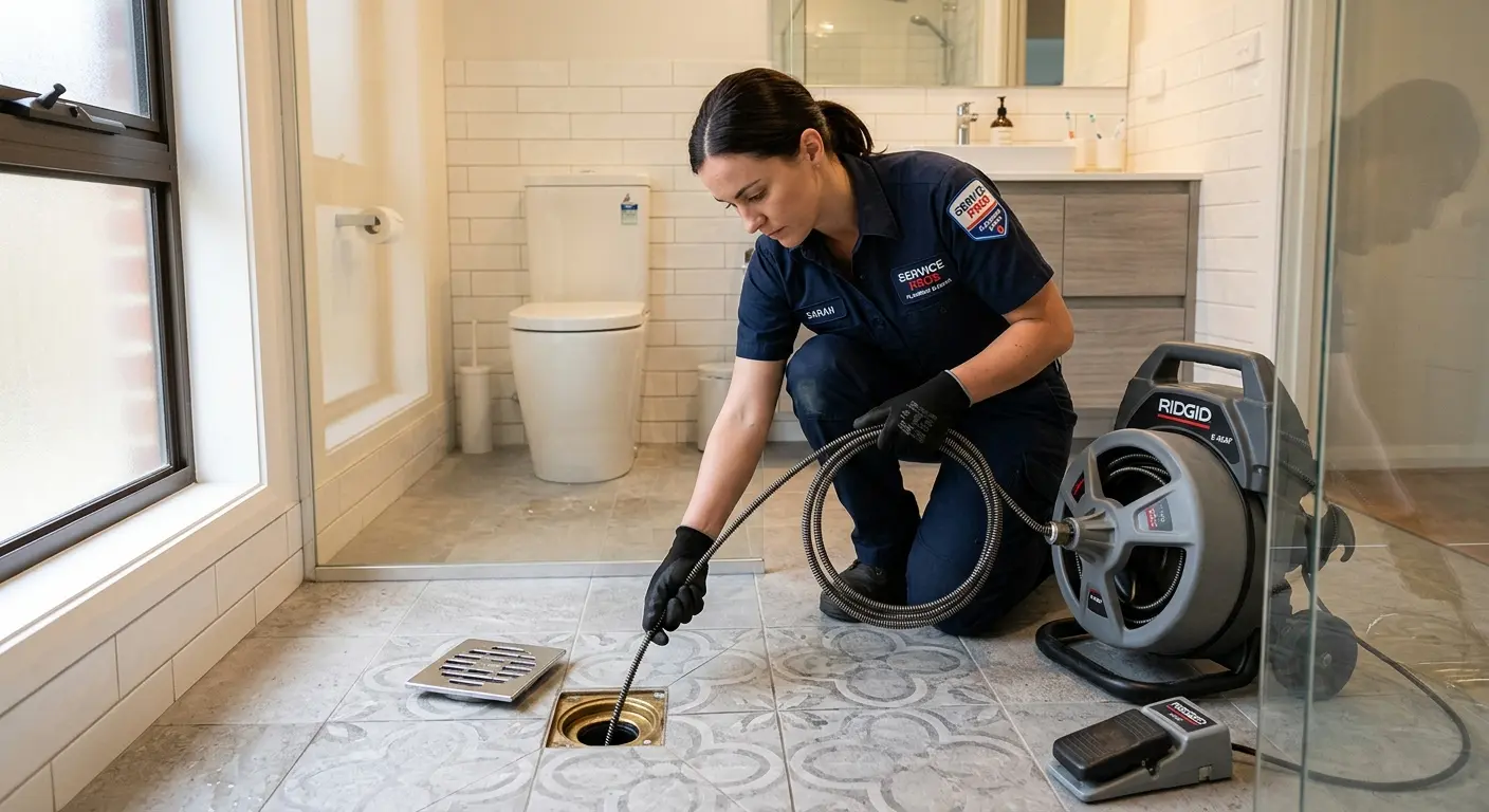 Technician clearing a bathroom floor drain for Drain Repair in Cypress Gardens